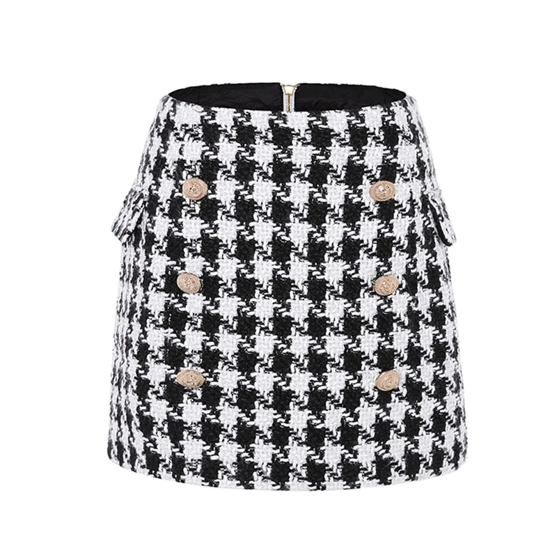 Runway Designer Skirt  Lion Buttons Double Breasted Tweed Wool Houndstooth Mini Skirt