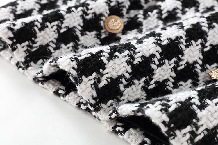 Runway Designer Skirt  Lion Buttons Double Breasted Tweed Wool Houndstooth Mini Skirt