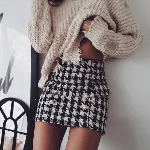 Runway Designer Skirt  Lion Buttons Double Breasted Tweed Wool Houndstooth Mini Skirt