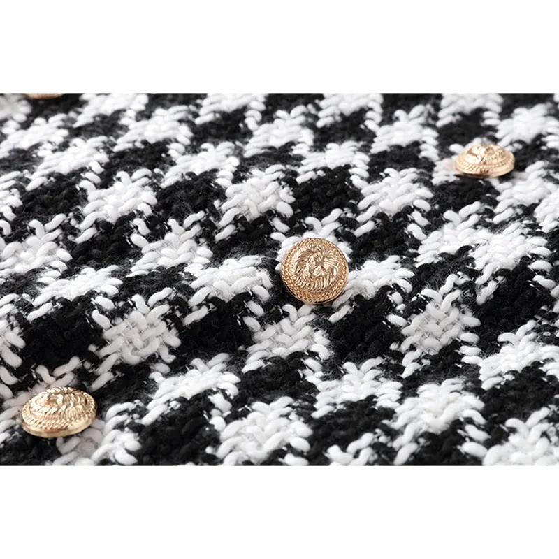 Runway Designer Skirt  Lion Buttons Double Breasted Tweed Wool Houndstooth Mini Skirt