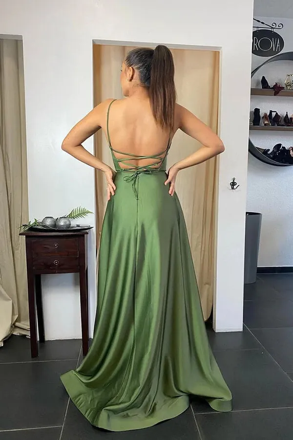 Sage Green A-line Scoop Spaghetti Straps Long Prom Dresses With Pocket, SP821
