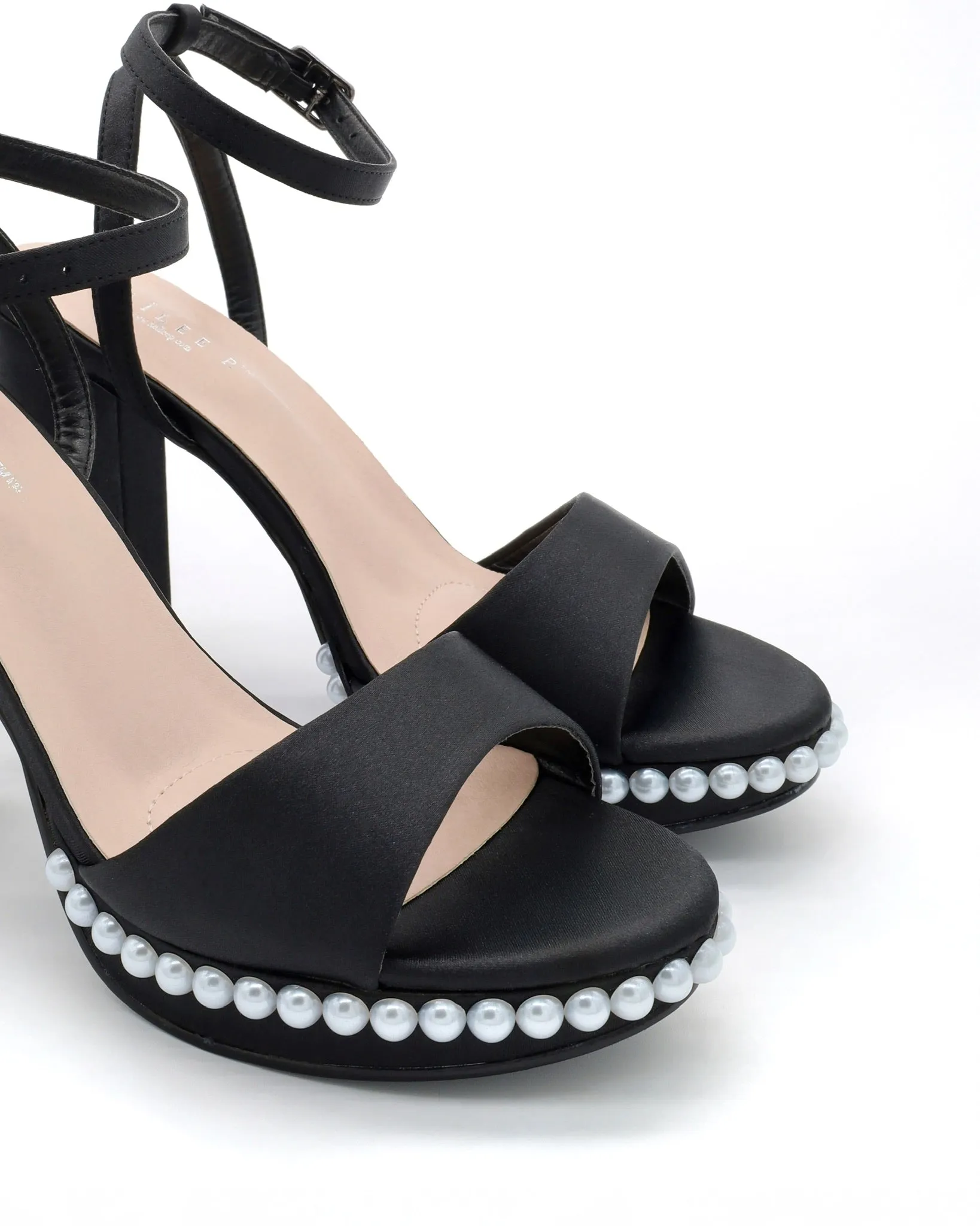 Satin Platform Block Heel Evening Sandals with Pearls