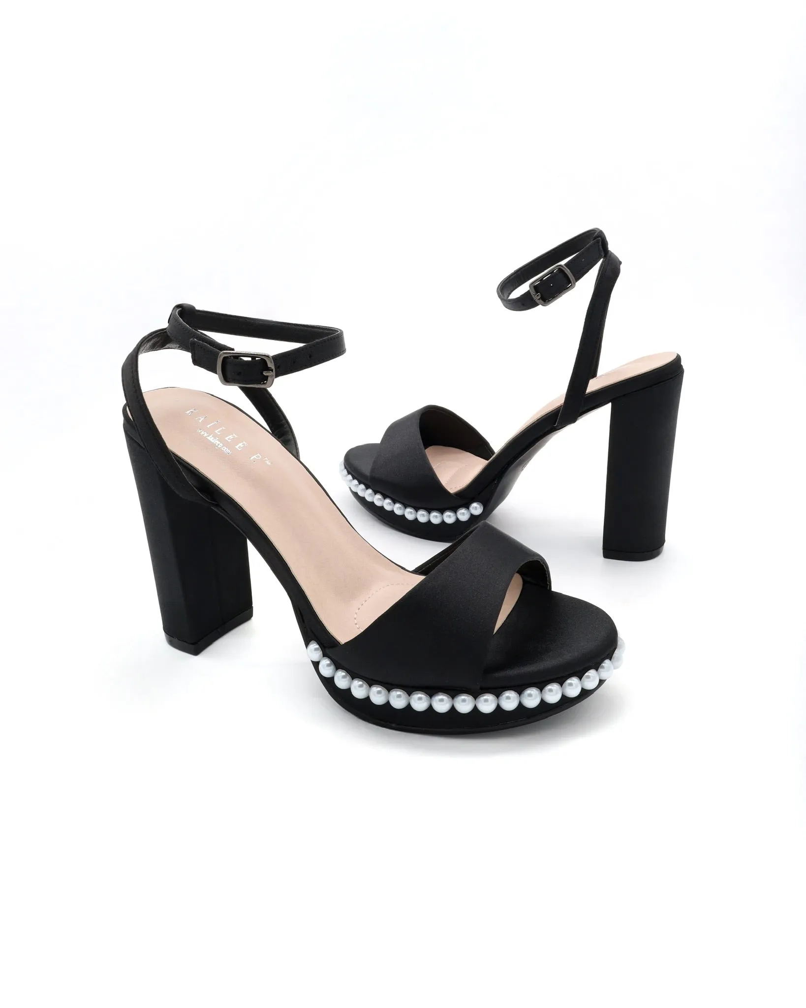 Satin Platform Block Heel Evening Sandals with Pearls