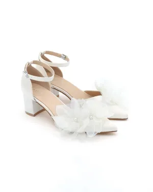 Satin Pointy Toe Low Block Heels Wedding Shoes with Ophelia Flowers