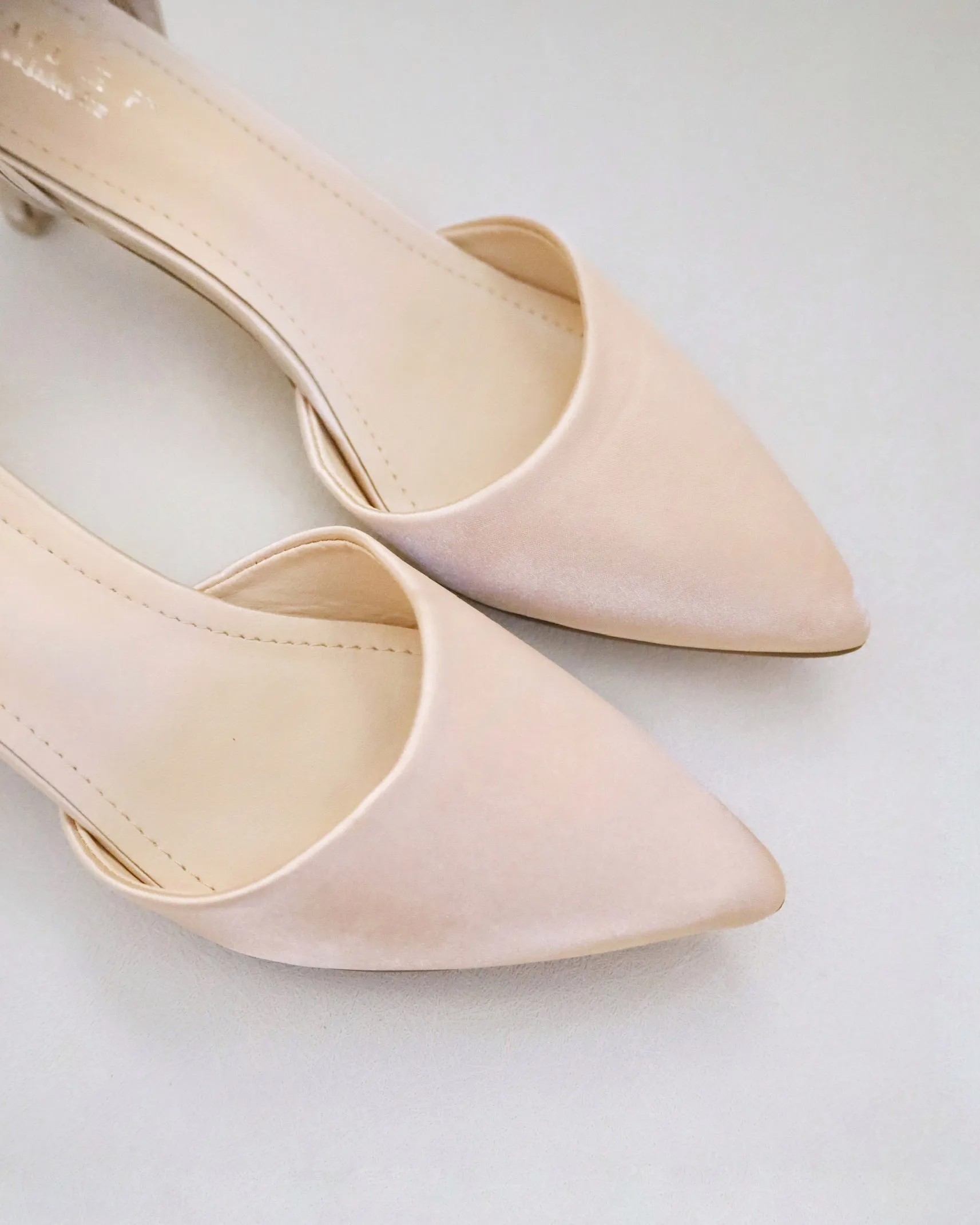 Satin Pointy Toe Low Heels with Perla Ankle Strap