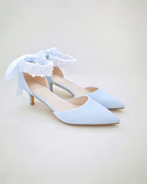 Satin Pointy Toe Low Heels with Perla Ankle Strap