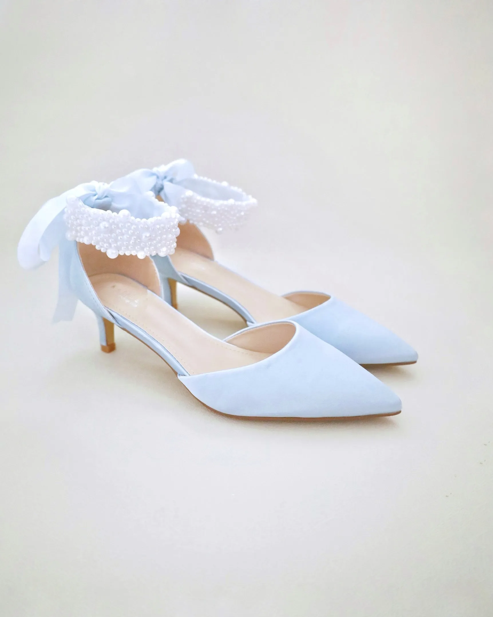 Satin Pointy Toe Low Heels with Perla Ankle Strap
