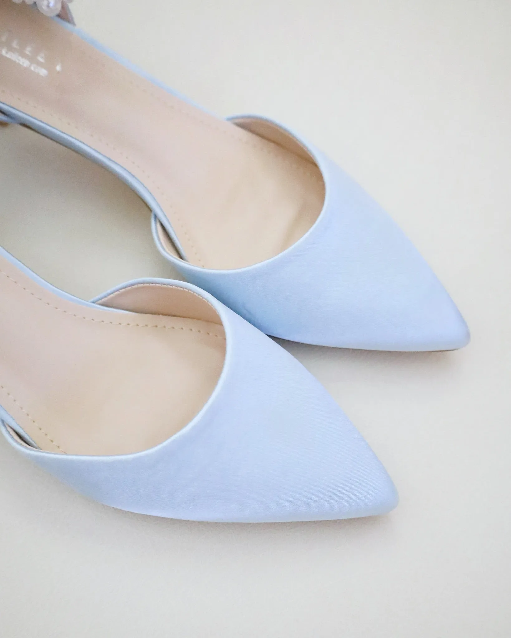 Satin Pointy Toe Low Heels with Perla Ankle Strap