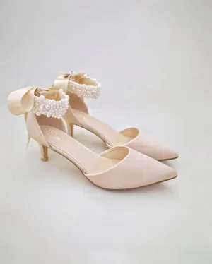 Satin Pointy Toe Low Heels with Perla Ankle Strap