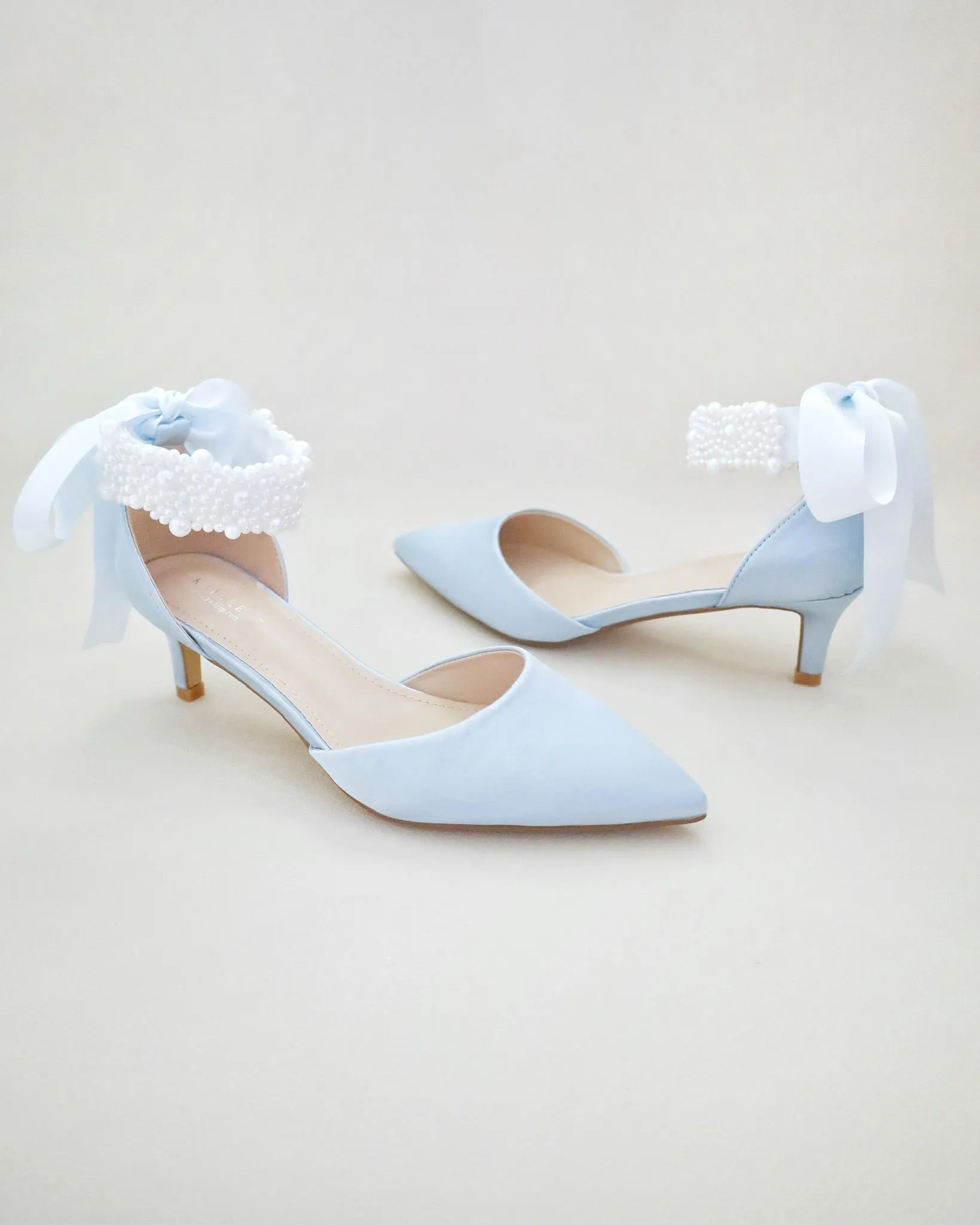 Satin Pointy Toe Low Heels with Perla Ankle Strap