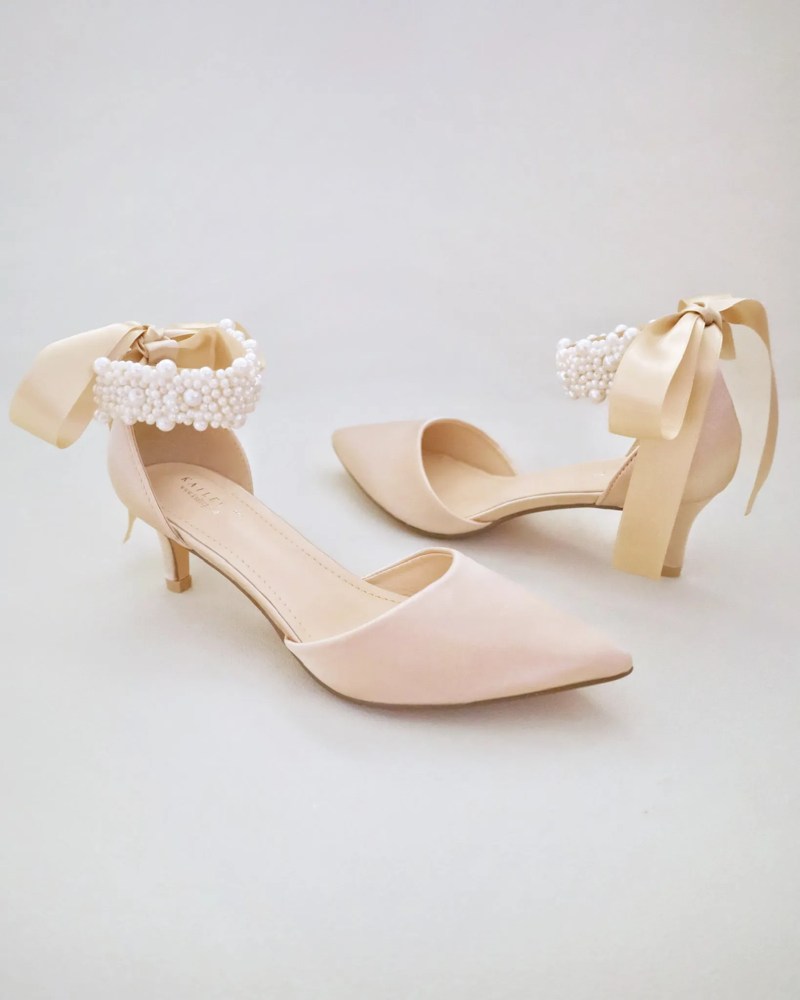 Satin Pointy Toe Low Heels with Perla Ankle Strap