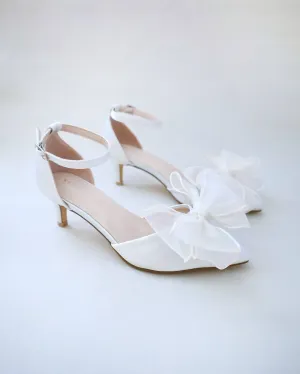 Satin Pointy Toe Wedding Low Heels with Layered Organza Bow