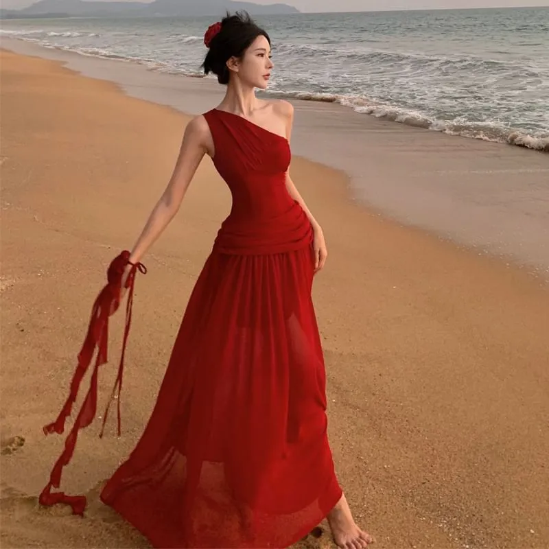 Set: Sleeveless One-Shoulder Plain Maxi A-Line Dress   Flower Choker