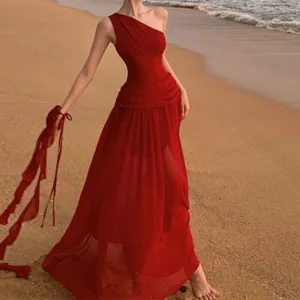 Set: Sleeveless One-Shoulder Plain Maxi A-Line Dress   Flower Choker