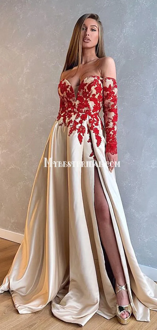 Sexy Off Shoulder Applique Long Sleeves A-line Long Prom Dresses, PDS0140
