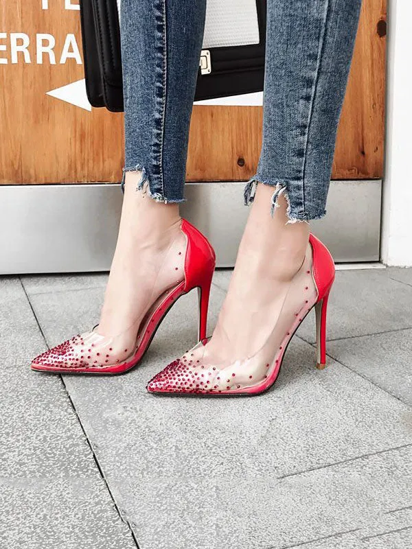 Sexy Pumps Crystal Pointed Shallow Mouth Rhinestone Transparent Thin Super High Heel Shoes