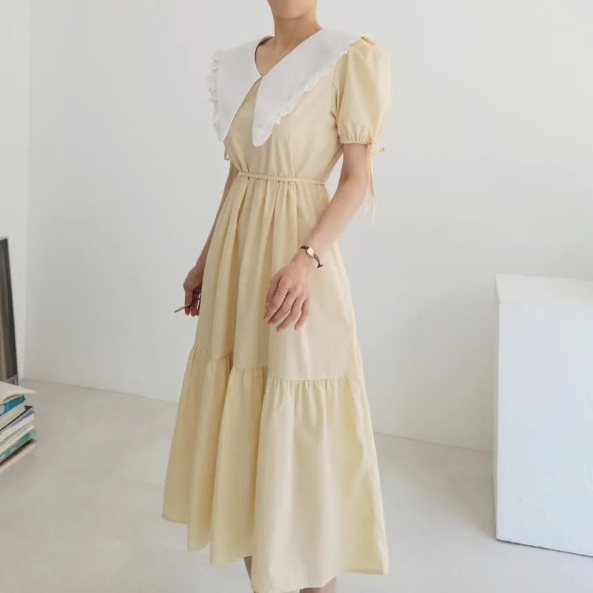 Short-Sleeve Contrast Collar Frill Trim Midi A-Line Dress
