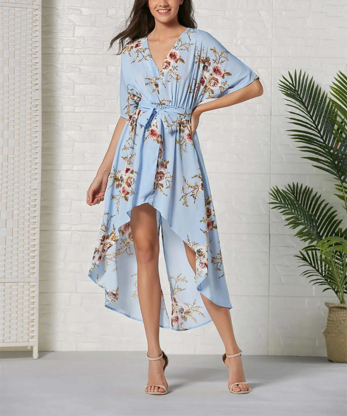 Short Sleeve V-neck Print Irregular Split Dress