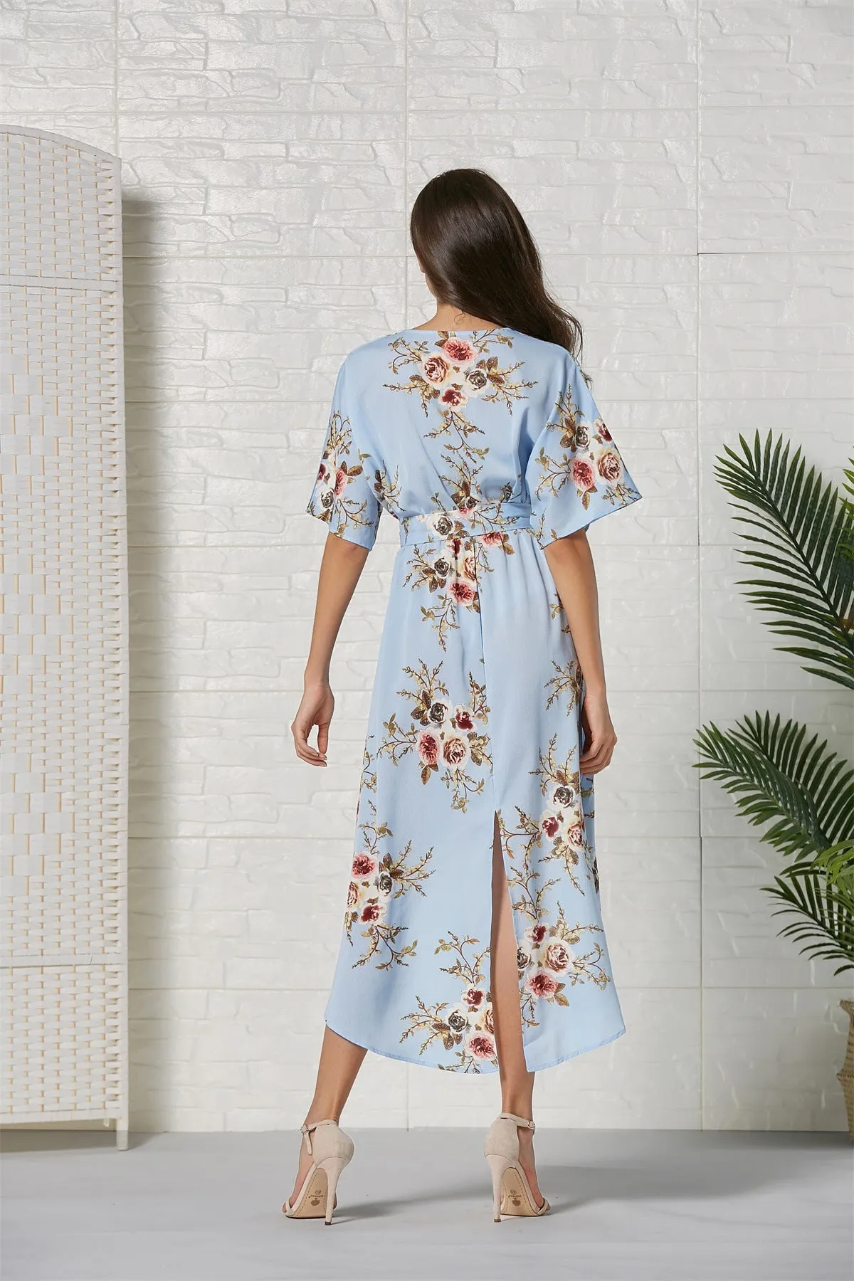 Short Sleeve V-neck Print Irregular Split Dress