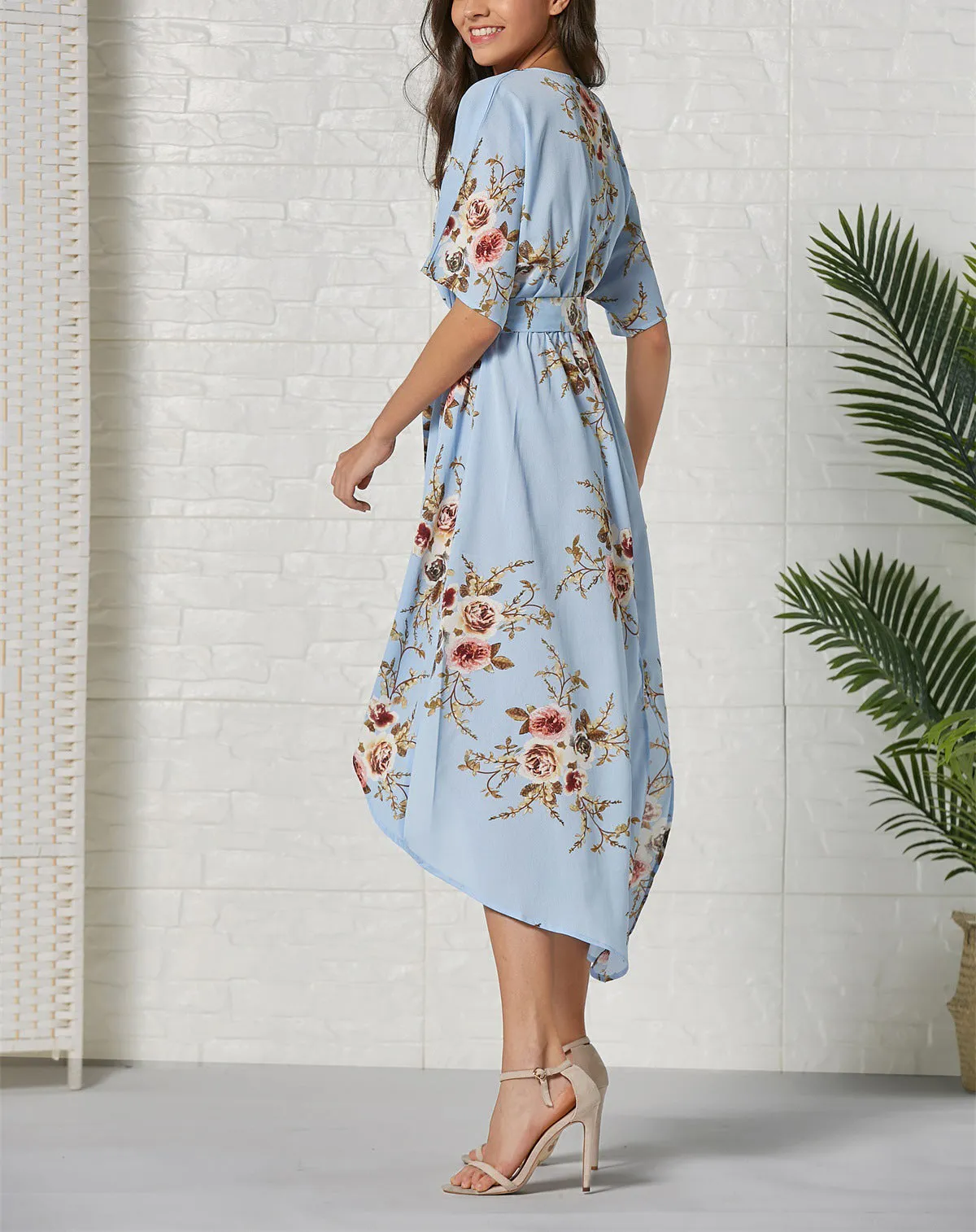 Short Sleeve V-neck Print Irregular Split Dress