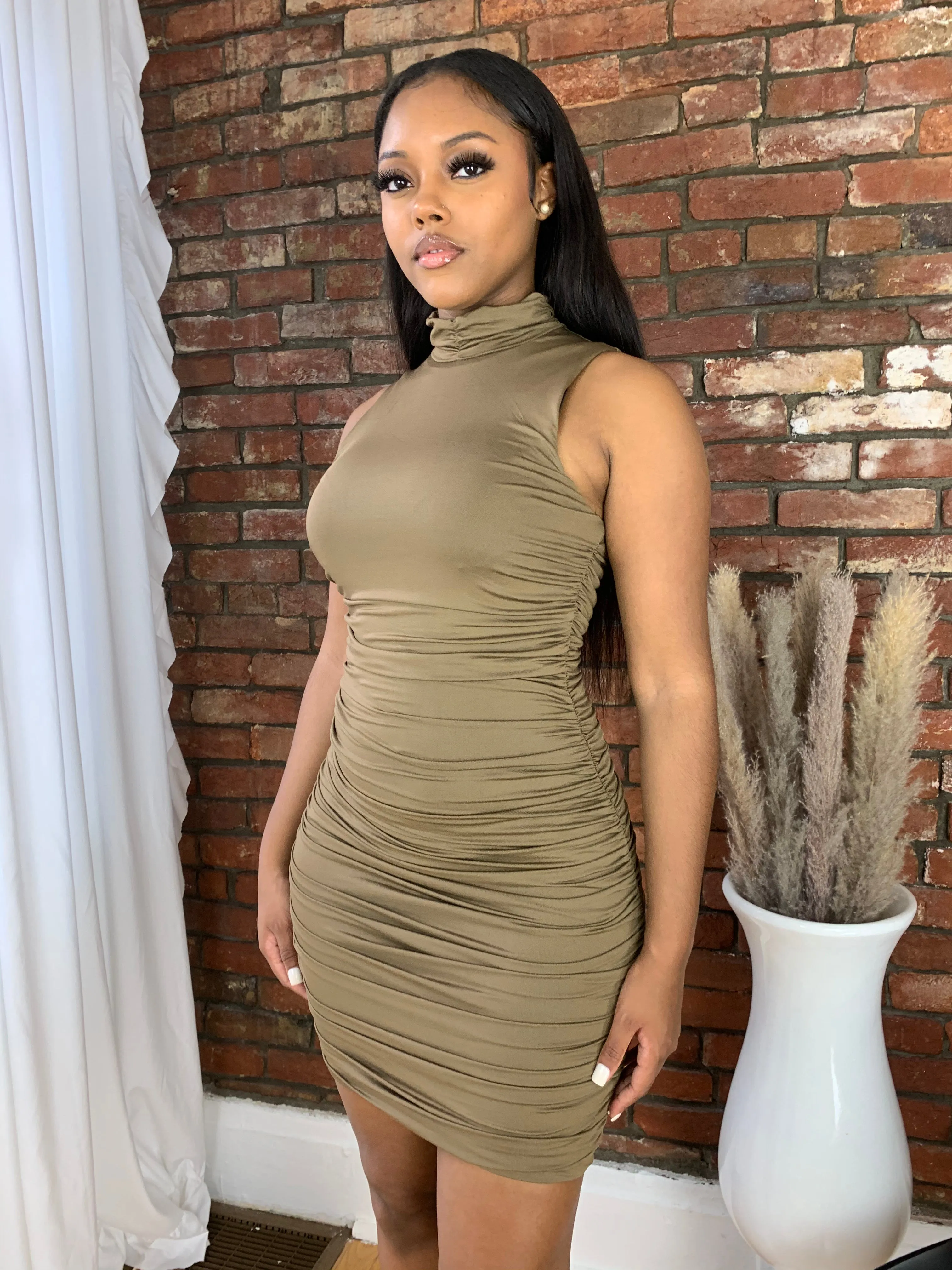 Side Ruched Dress- Olive