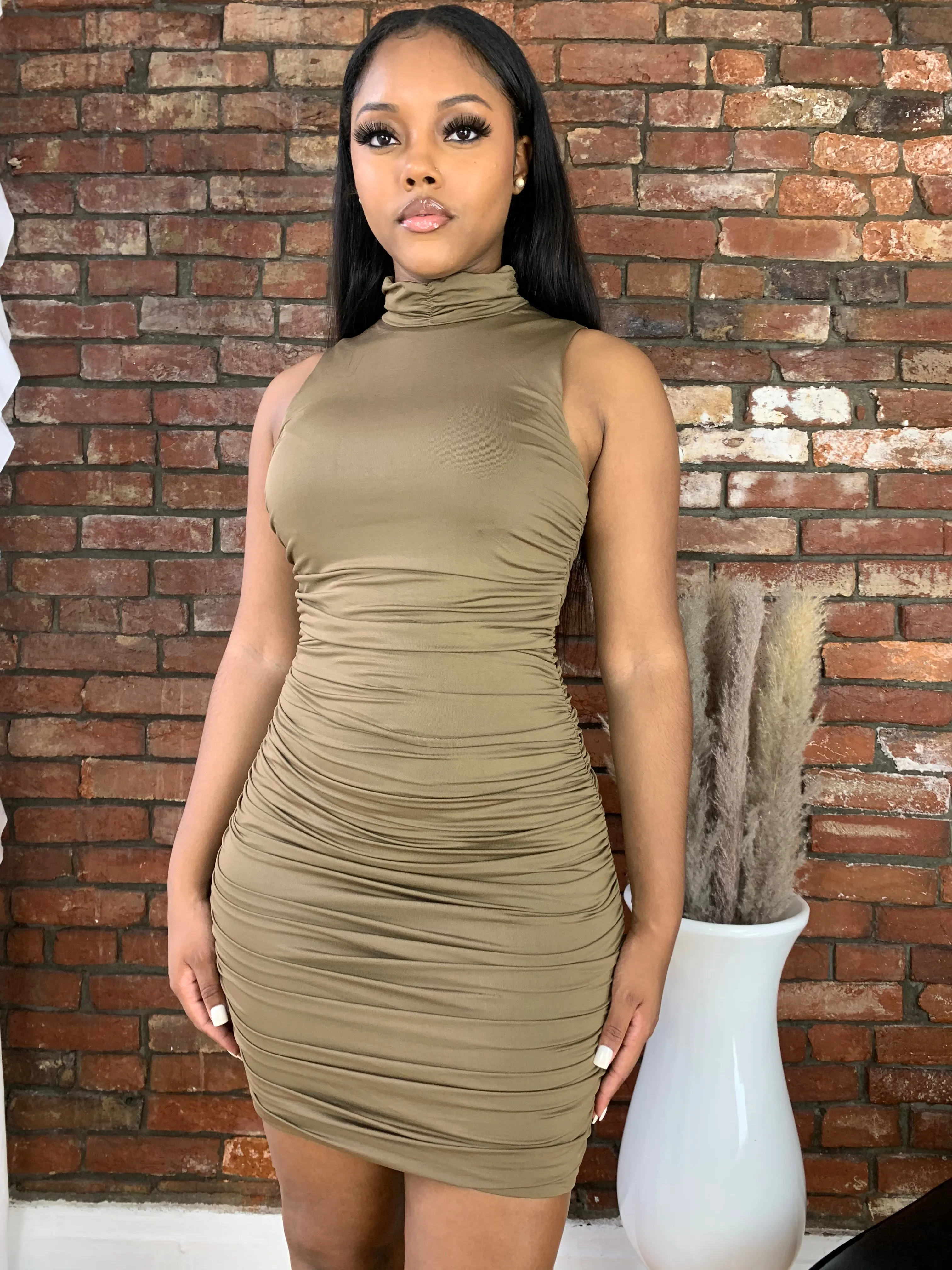 Side Ruched Dress- Olive