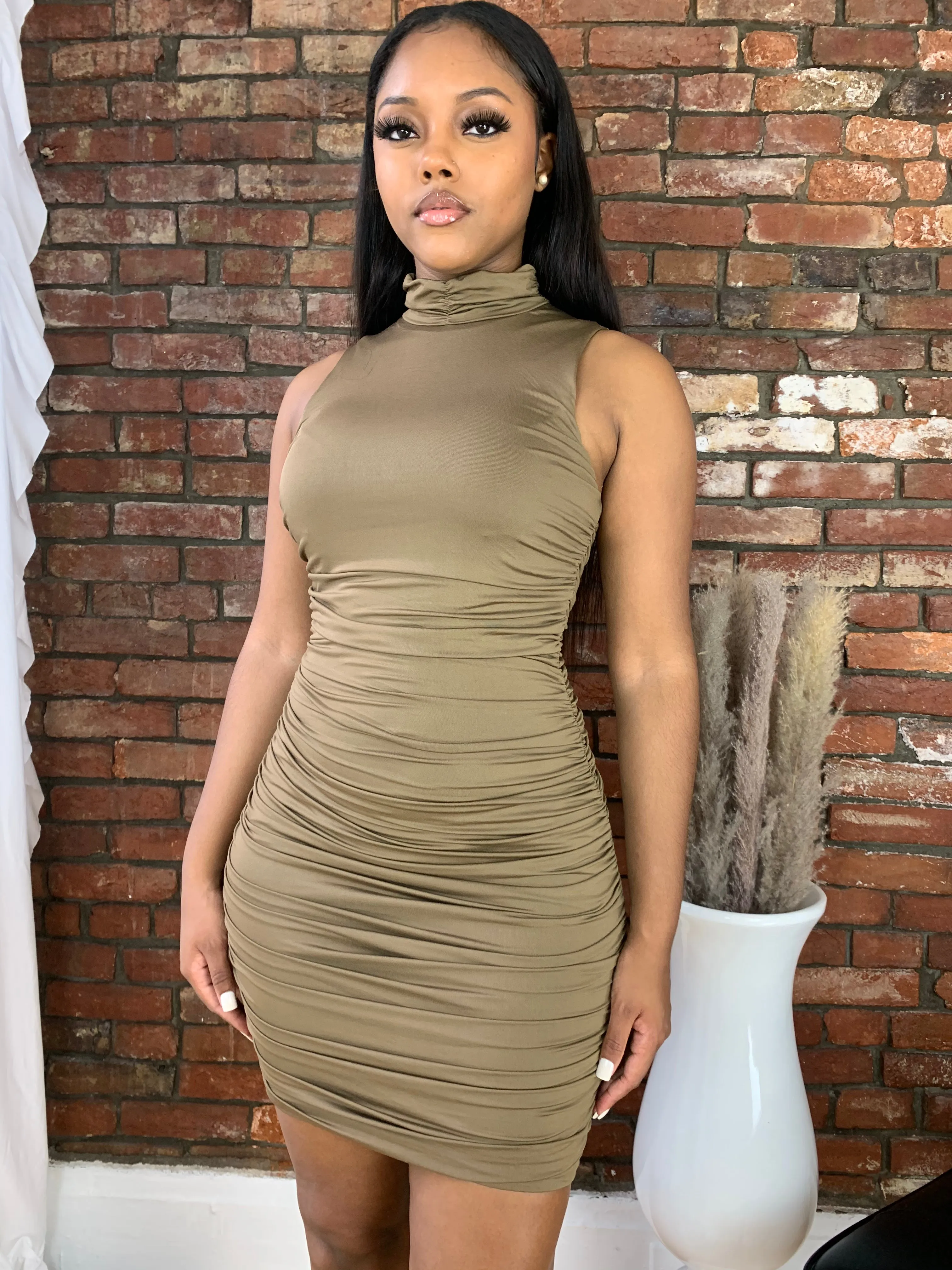 Side Ruched Dress- Olive
