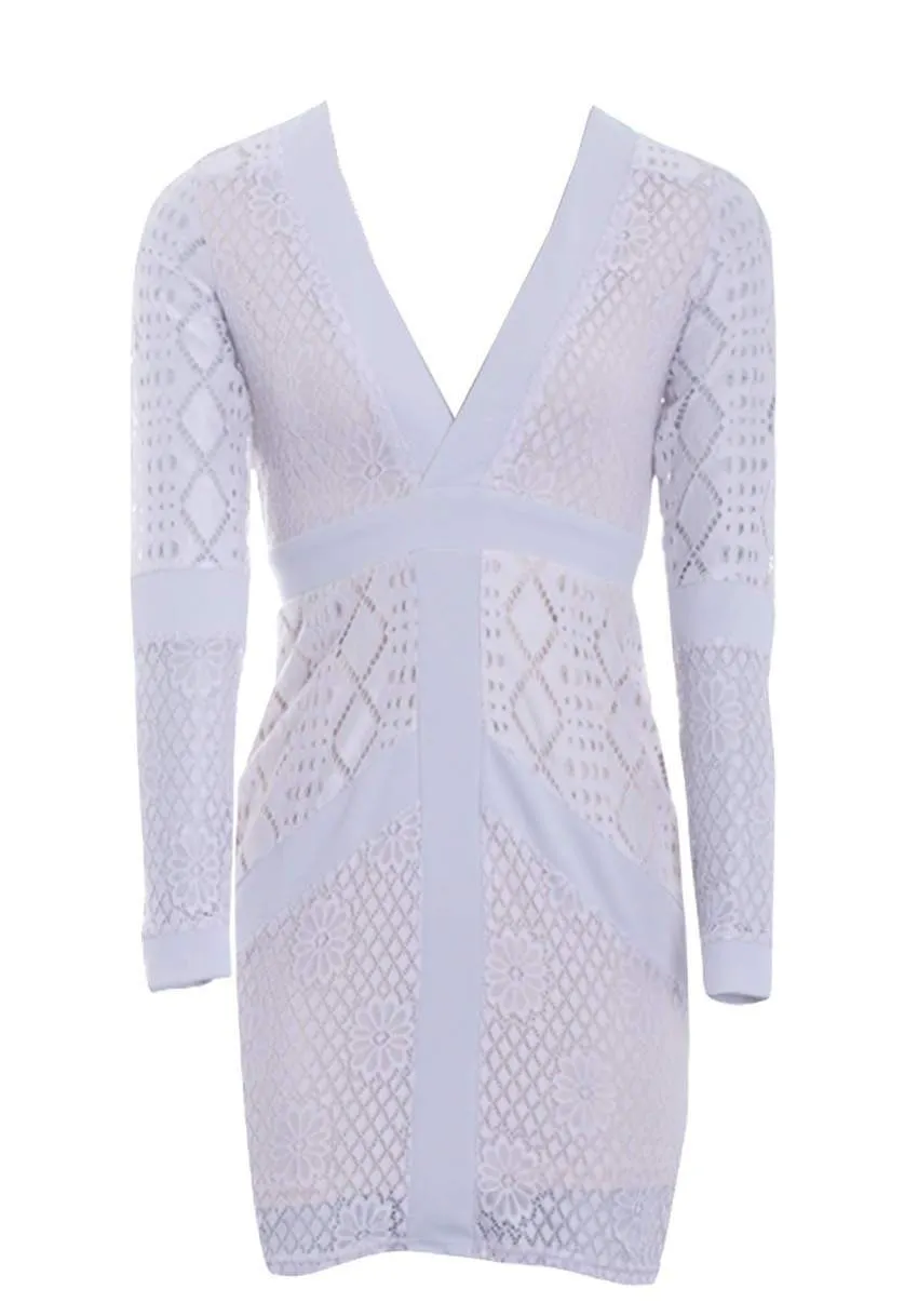 Silver Long Sleeved Mesh Detail Bodycon Dress