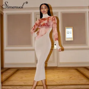 Simenual Tie Dye Patchwork Rollkragen Maxi Kleid Langarm Herbst 2020 Frauen Kleidung Party Club Mode Bodycon Kleider Hot