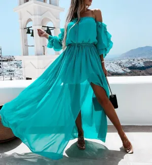 Slash Neck Split Floor Length Ruffle Long Dress