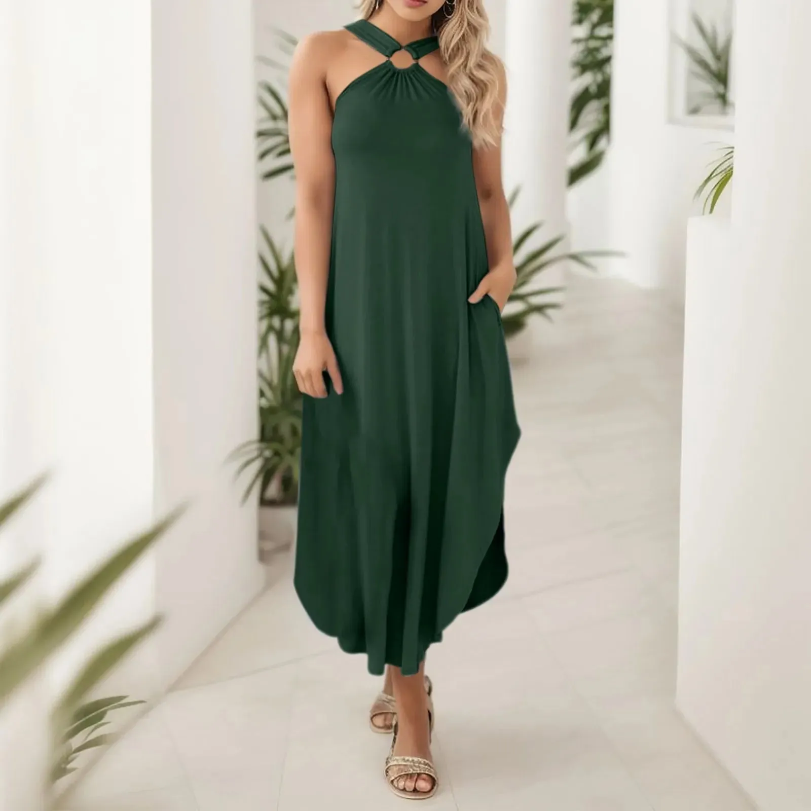 Solid Long Sleeveless Hollow Evening Party Ruffle Casual Elegant Dress