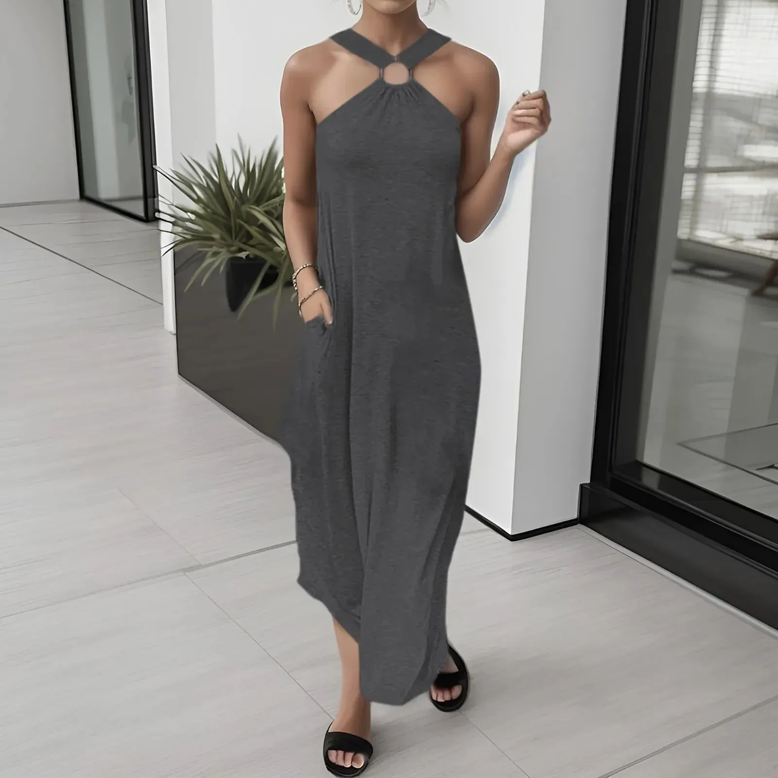 Solid Long Sleeveless Hollow Evening Party Ruffle Casual Elegant Dress