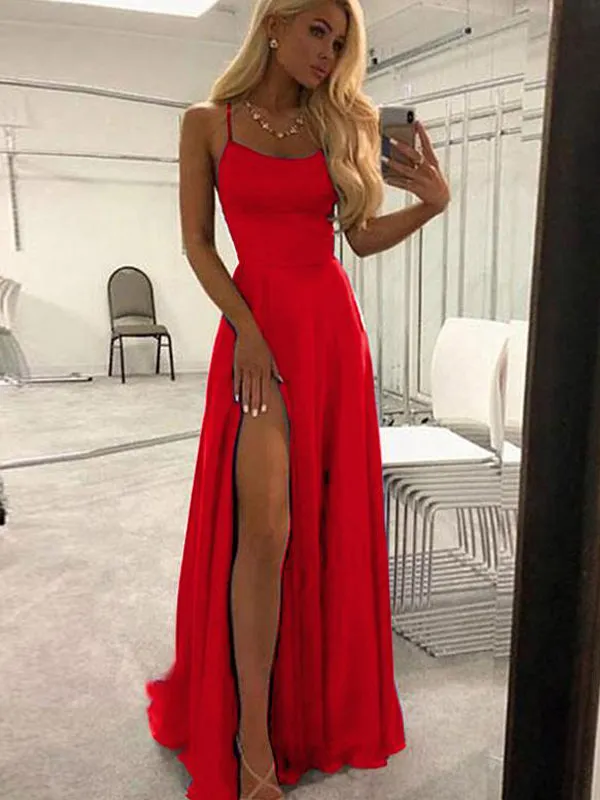 Spaghetti Straps A Line Navy Blue Prom Dress With Split Front,Cheap Prom Dresses,PDY0642