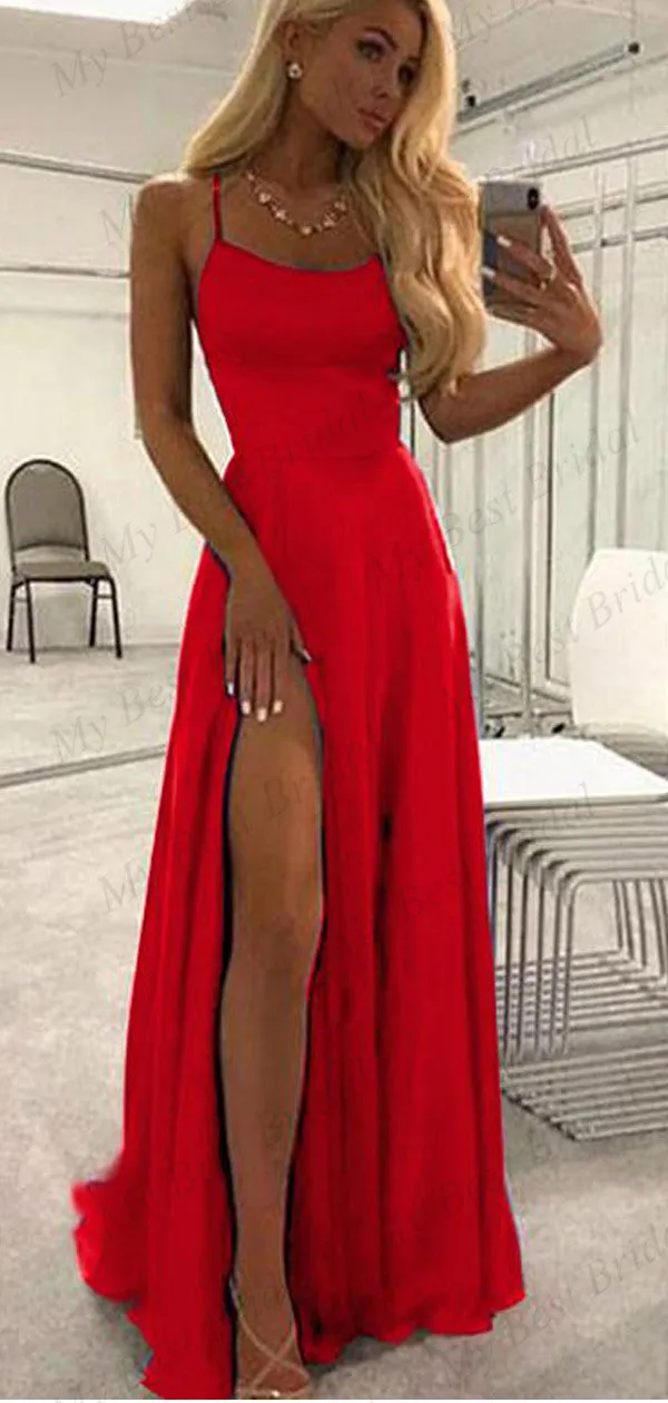 Spaghetti Straps A Line Navy Blue Prom Dress With Split Front,Cheap Prom Dresses,PDY0642