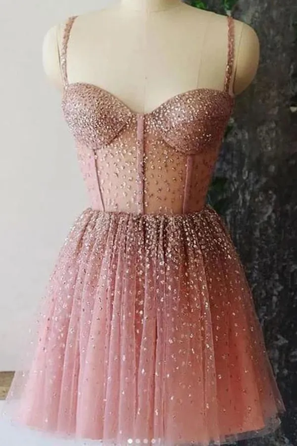 Spaghetti Straps A-line Sweetheart Tulle Beads Homecoming Dresses Short Prom Dresses,MH509