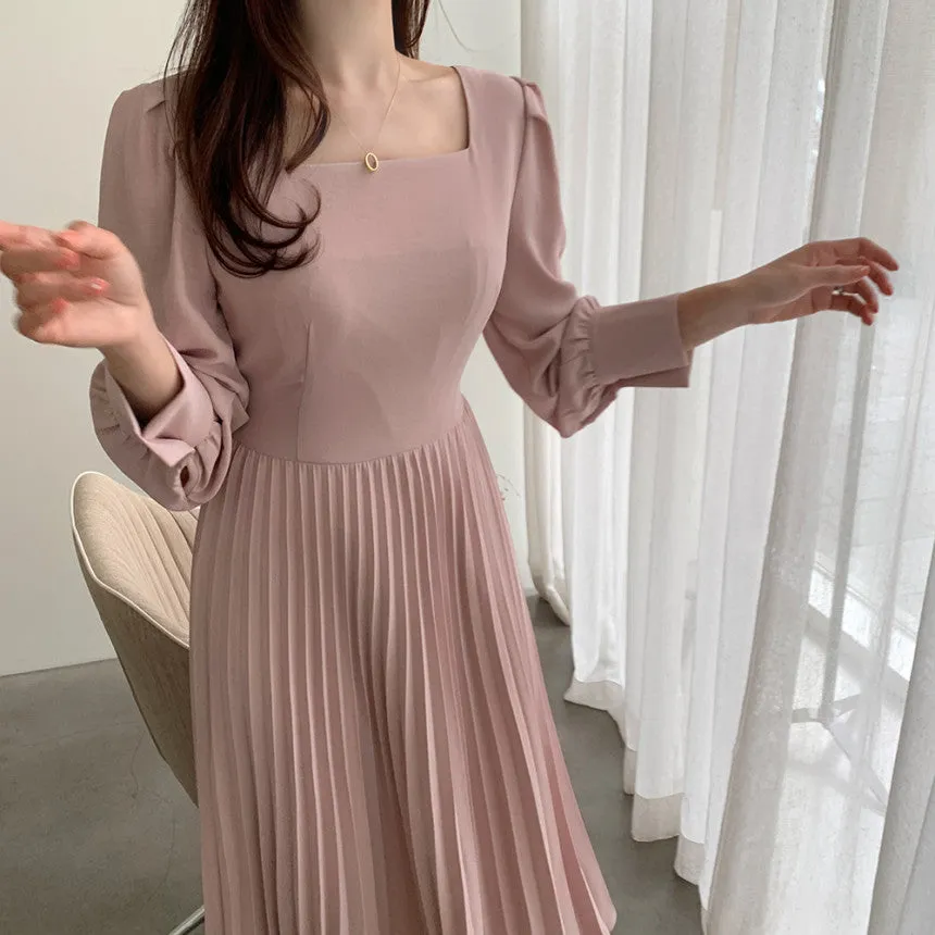Square Collar Puff Bubble Sleeve Vintage Pleated Midi Dress