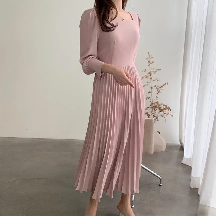Square Collar Puff Bubble Sleeve Vintage Pleated Midi Dress