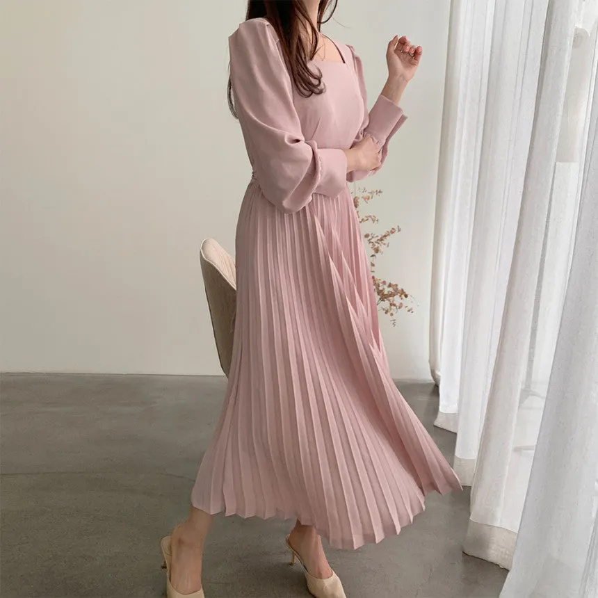 Square Collar Puff Bubble Sleeve Vintage Pleated Midi Dress