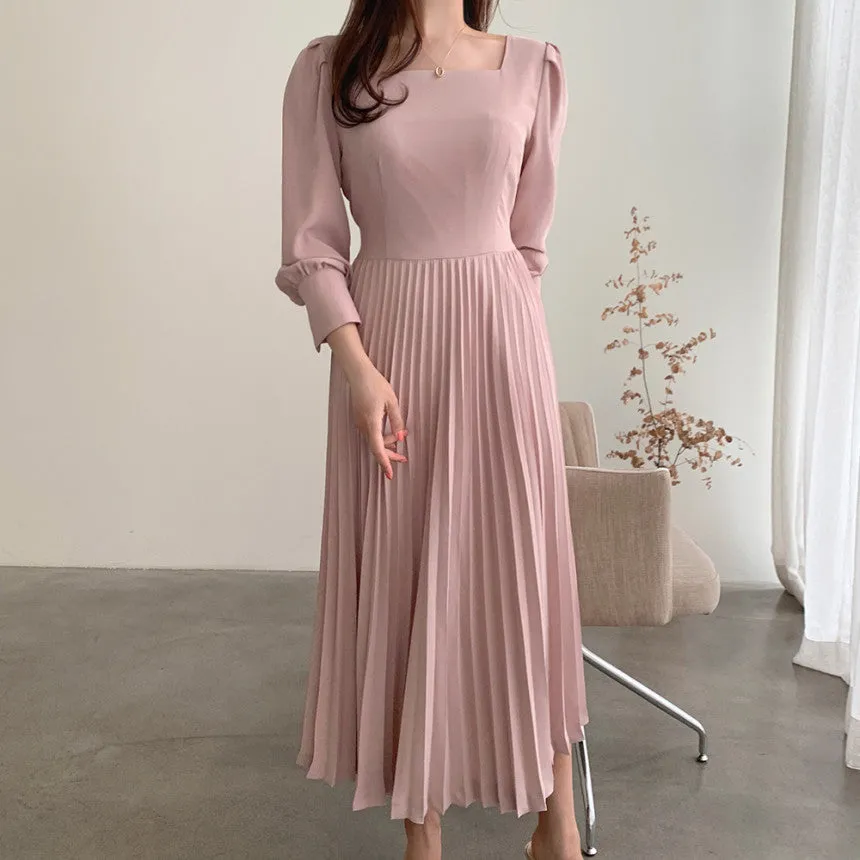 Square Collar Puff Bubble Sleeve Vintage Pleated Midi Dress