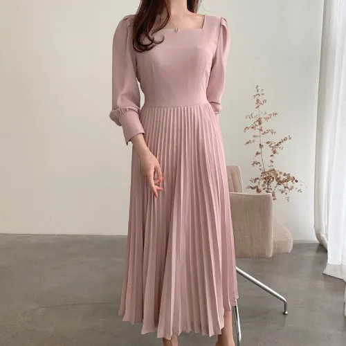 Square Collar Puff Bubble Sleeve Vintage Pleated Midi Dress