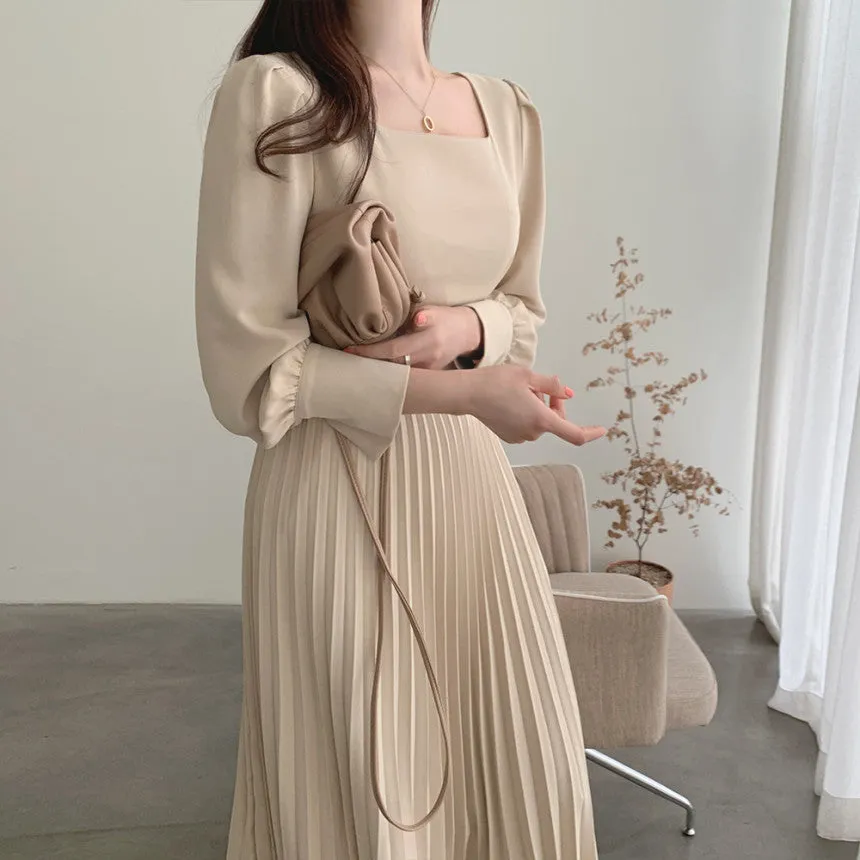 Square Collar Puff Bubble Sleeve Vintage Pleated Midi Dress