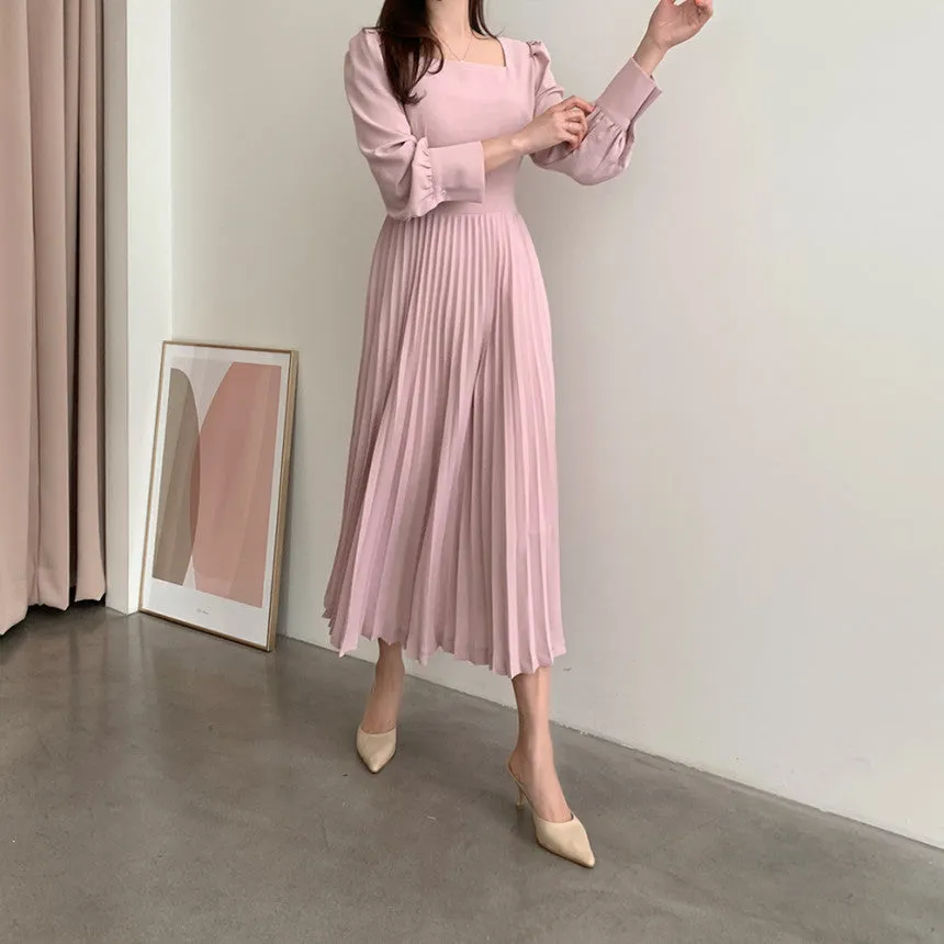 Square Collar Puff Bubble Sleeve Vintage Pleated Midi Dress