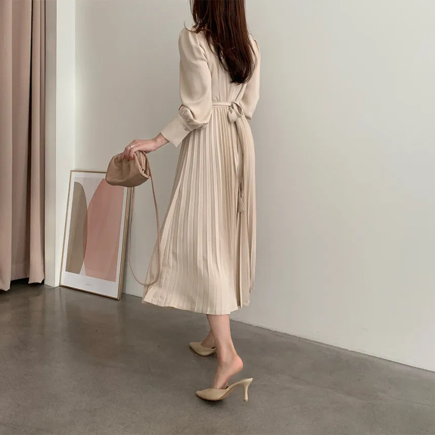 Square Collar Puff Bubble Sleeve Vintage Pleated Midi Dress