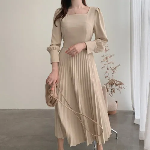 Square Collar Puff Bubble Sleeve Vintage Pleated Midi Dress