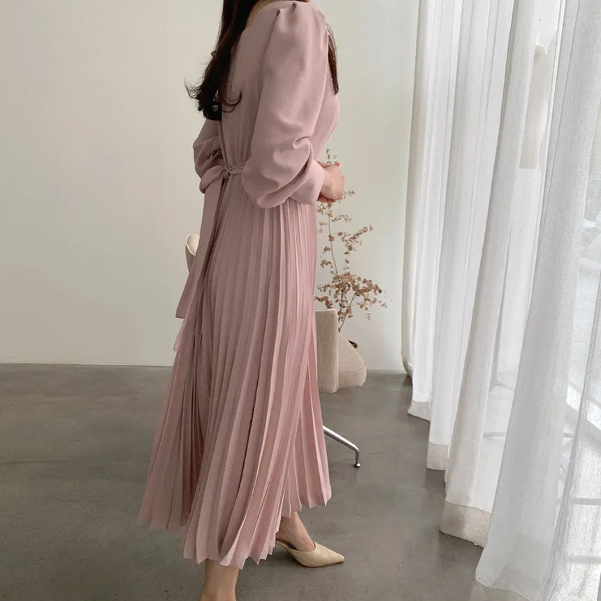 Square Collar Puff Bubble Sleeve Vintage Pleated Midi Dress