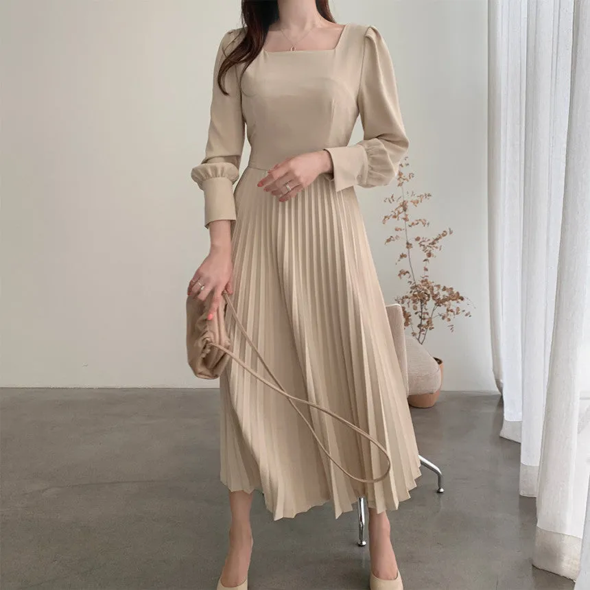 Square Collar Puff Bubble Sleeve Vintage Pleated Midi Dress