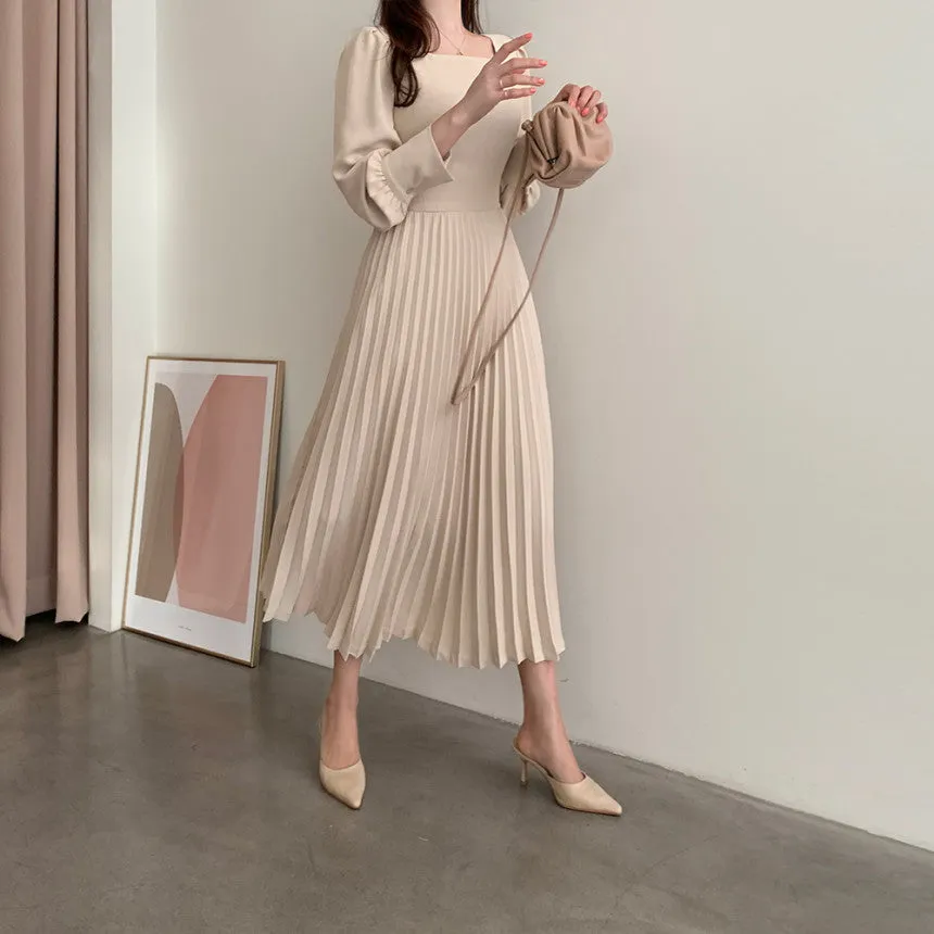 Square Collar Puff Bubble Sleeve Vintage Pleated Midi Dress