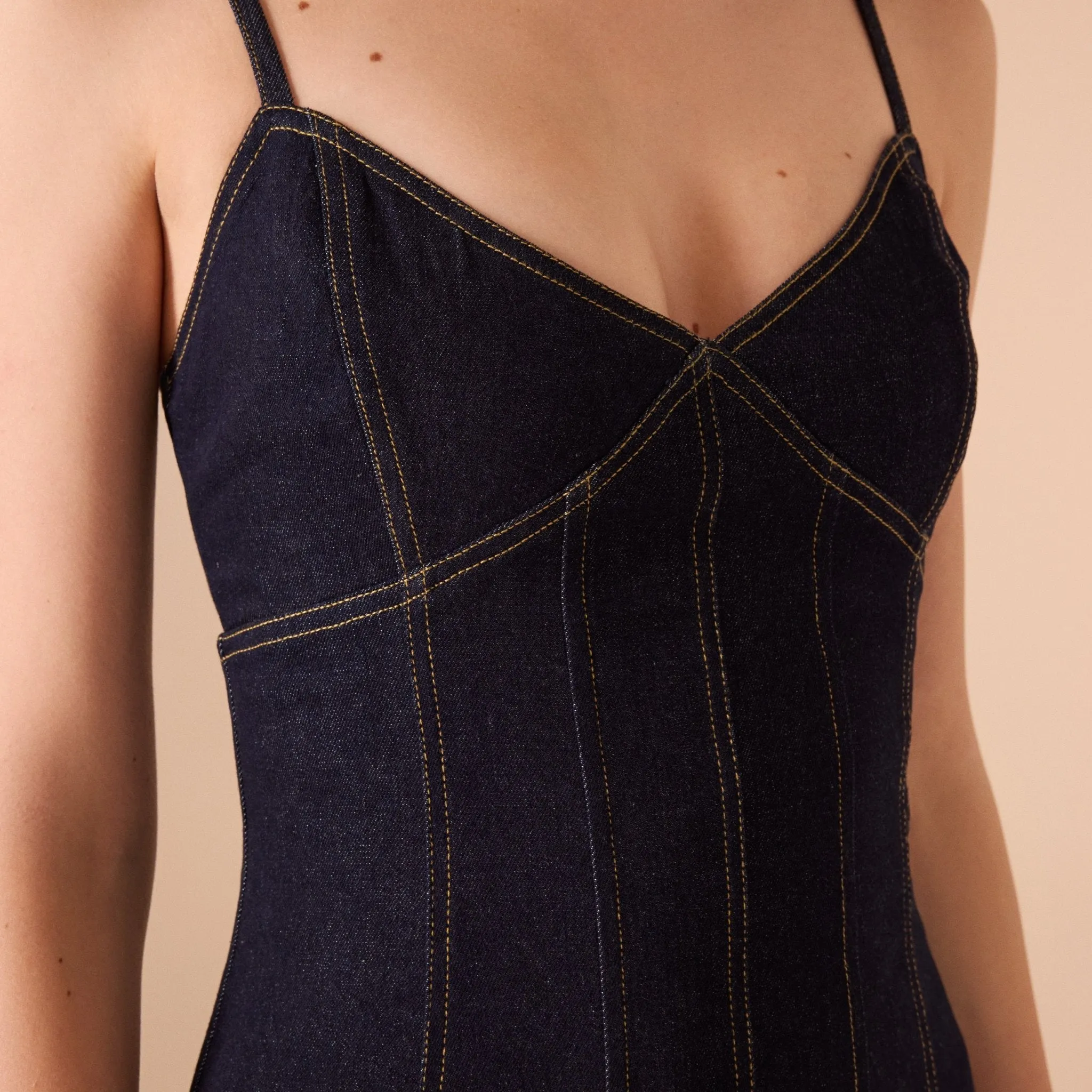 Strapped A-line Black Denim Midi Dress