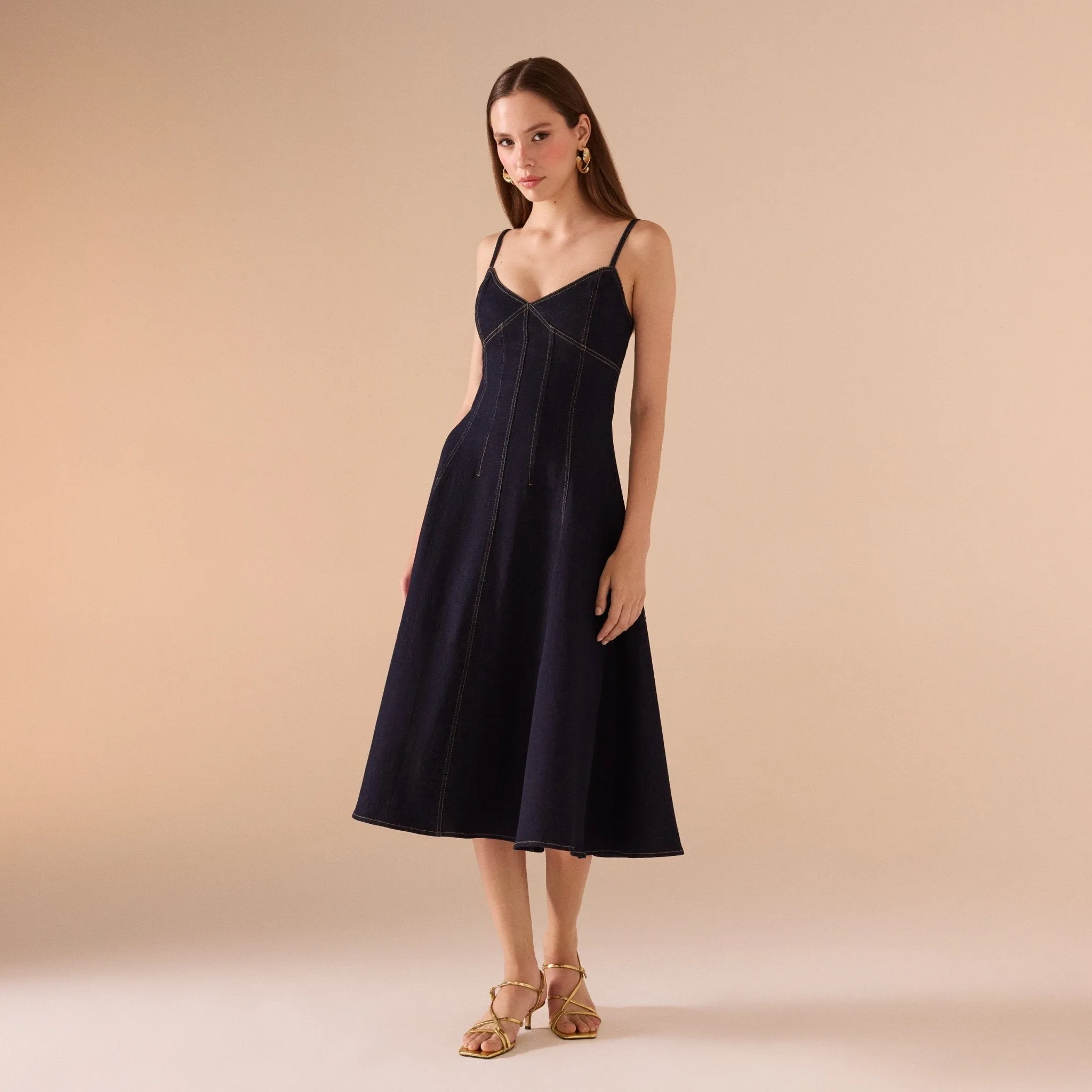 Strapped A-line Black Denim Midi Dress