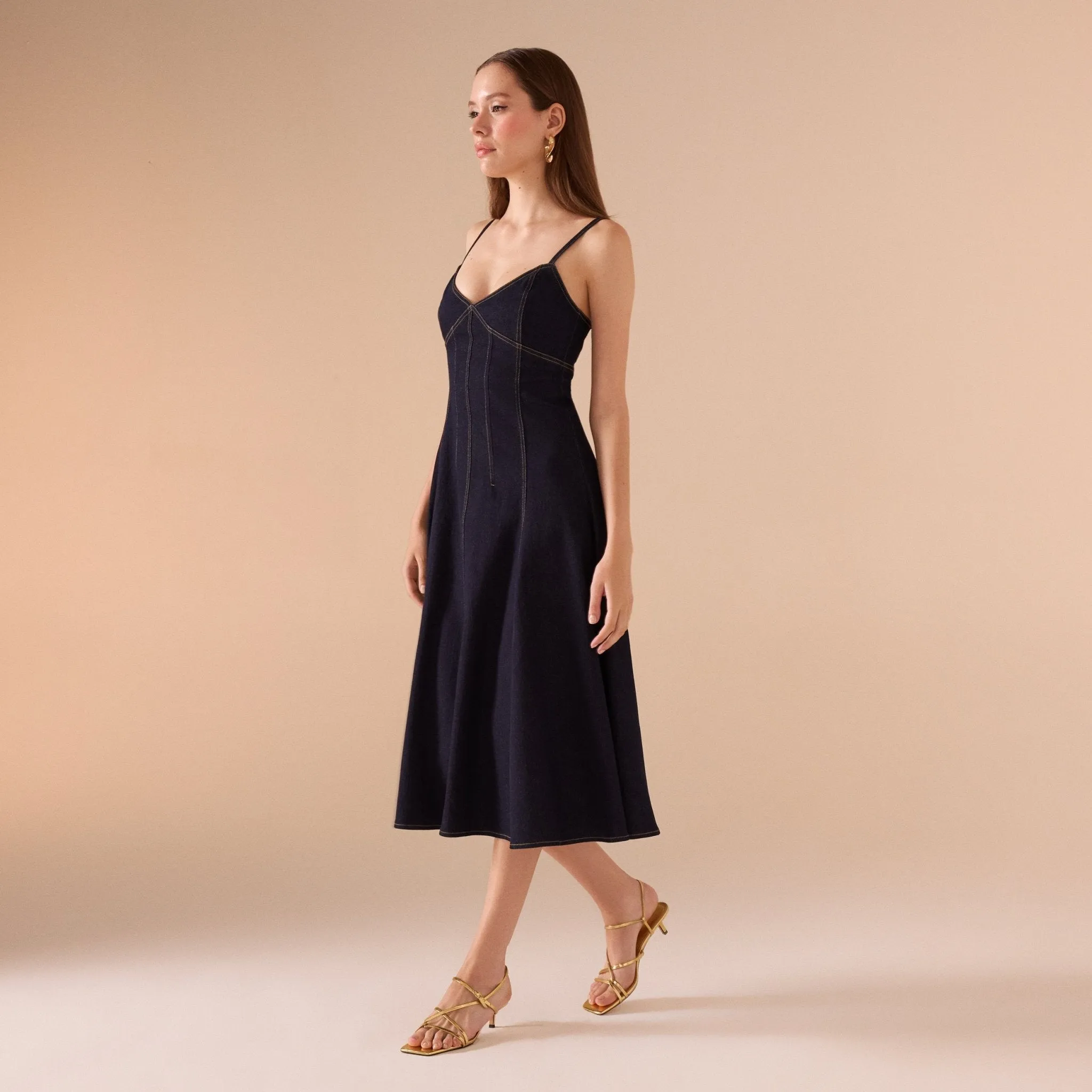 Strapped A-line Black Denim Midi Dress